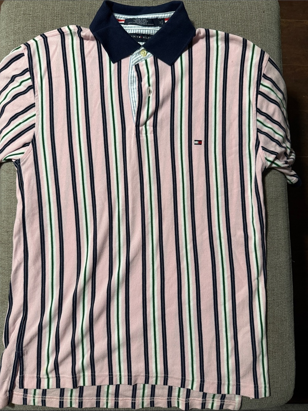 Old school Tommy Hilfiger Pink Polo with Navy & Green Stripes